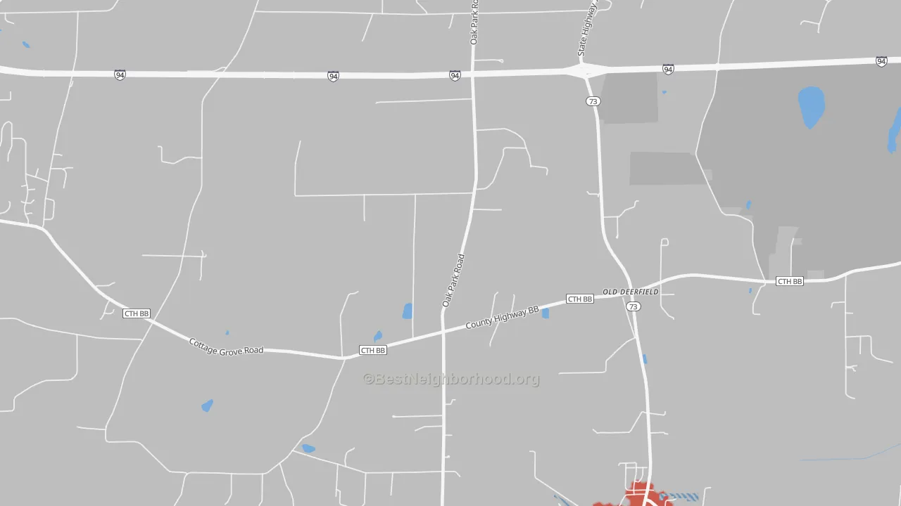 Walk Grade map of Nora, WI, walkable areas in green and car-dependent areas in red