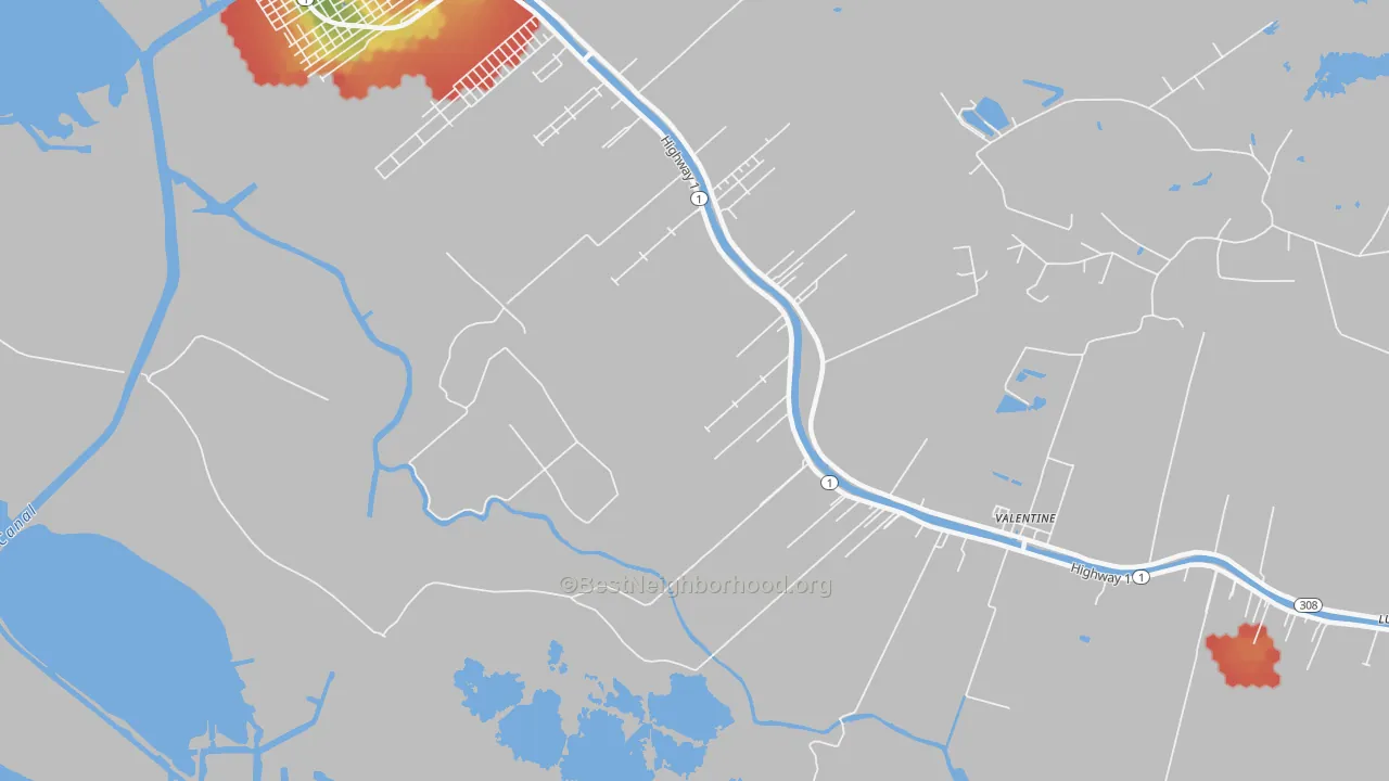 Walk Grade map of Norah, LA, walkable areas in green and car-dependent areas in red