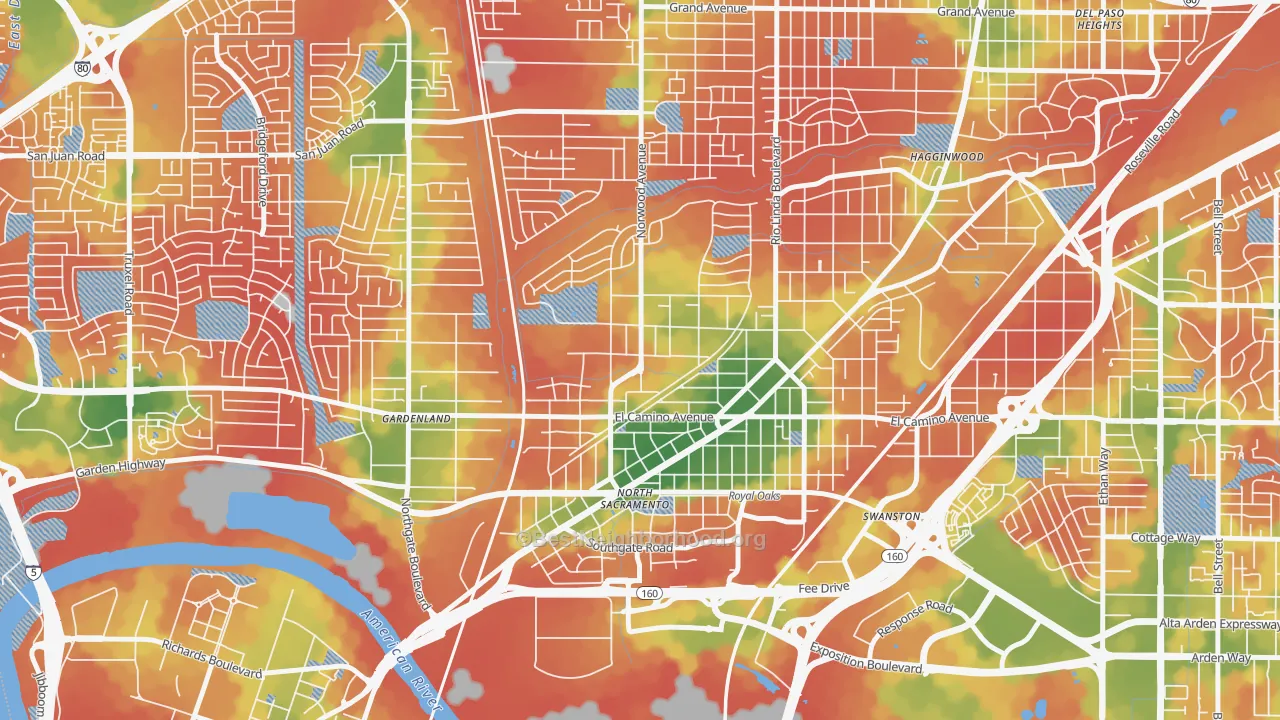 Walk Grade map of Noralto, Sacramento, CA, walkable areas in green and car-dependent areas in red
