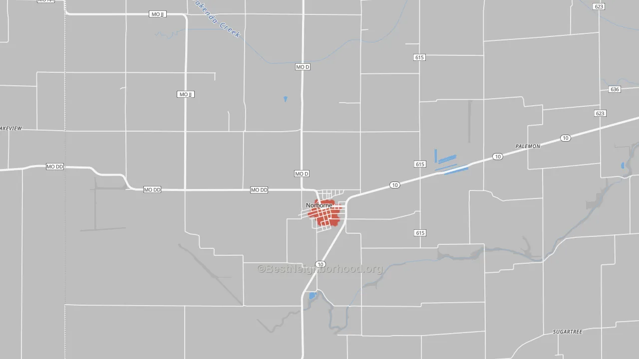 Walk Grade map of Norborne, MO, walkable areas in green and car-dependent areas in red