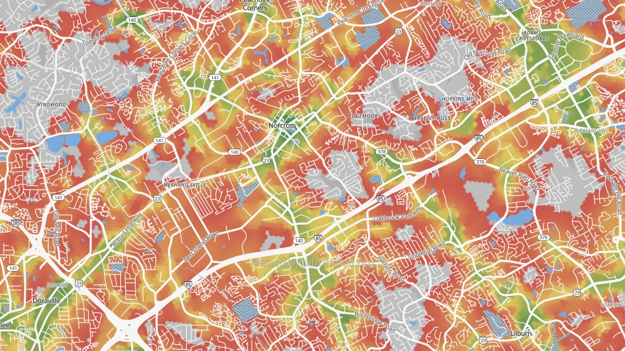 Walk Grade map of Norcross, GA, walkable areas in green and car-dependent areas in red