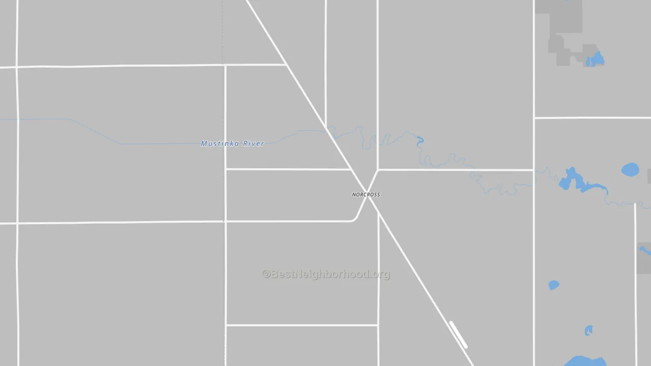 Walk Grade map of Norcross, MN, walkable areas in green and car-dependent areas in red
