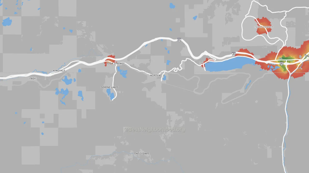 Walk Grade map of Norden, CA, walkable areas in green and car-dependent areas in red