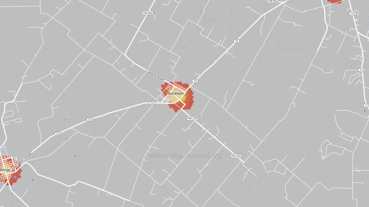 Walk Grade map of Nordheim, TX, walkable areas in green and car-dependent areas in red