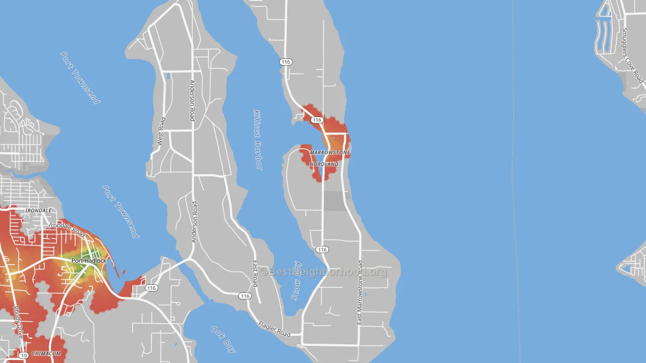 Walk Grade map of Nordland, WA, walkable areas in green and car-dependent areas in red