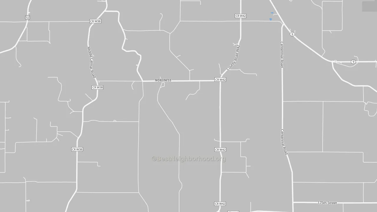 Walk Grade map of Nordness, IA, walkable areas in green and car-dependent areas in red