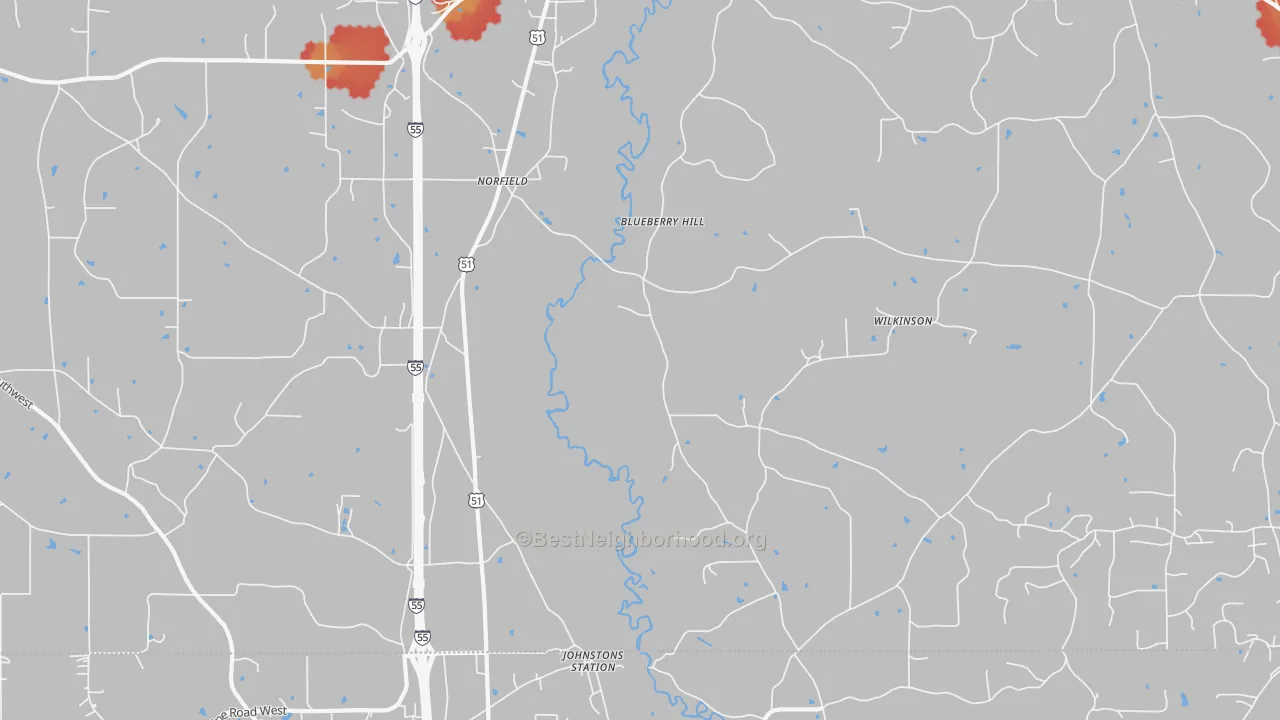 Walk Grade map of Norfield, MS, walkable areas in green and car-dependent areas in red