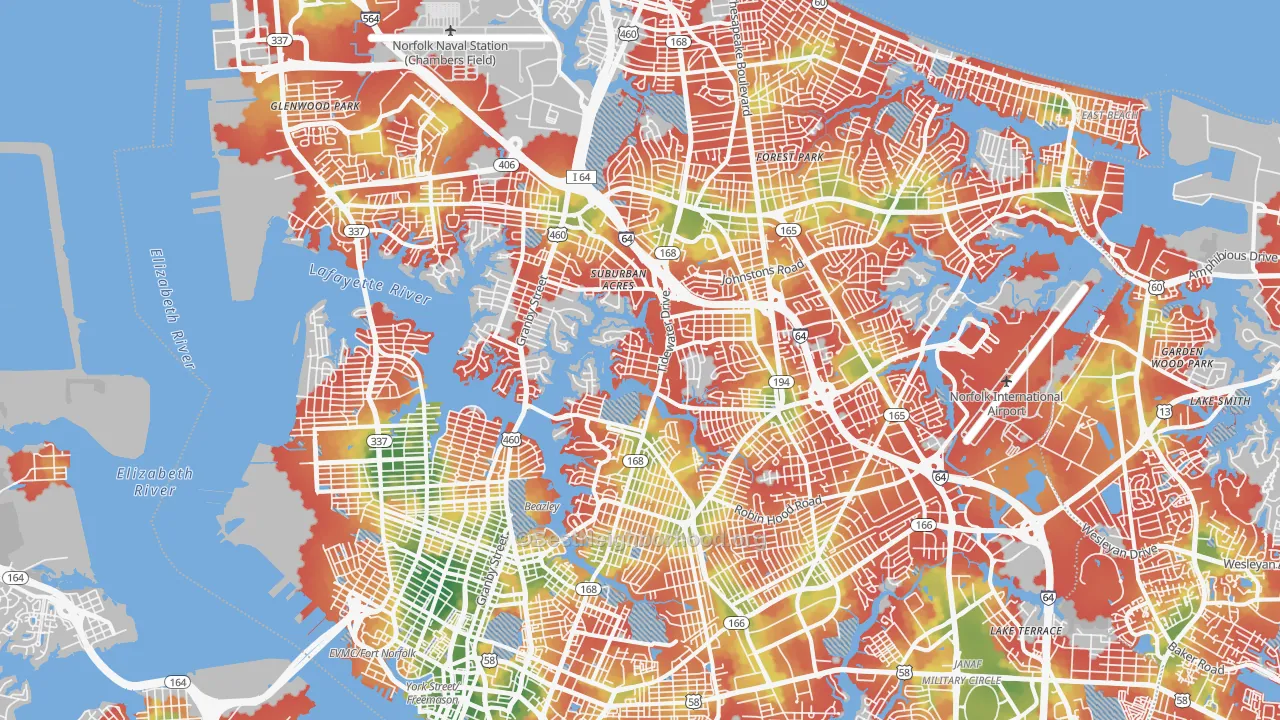 Walk Grade map of Norfolk City, VA, walkable areas in green and car-dependent areas in red