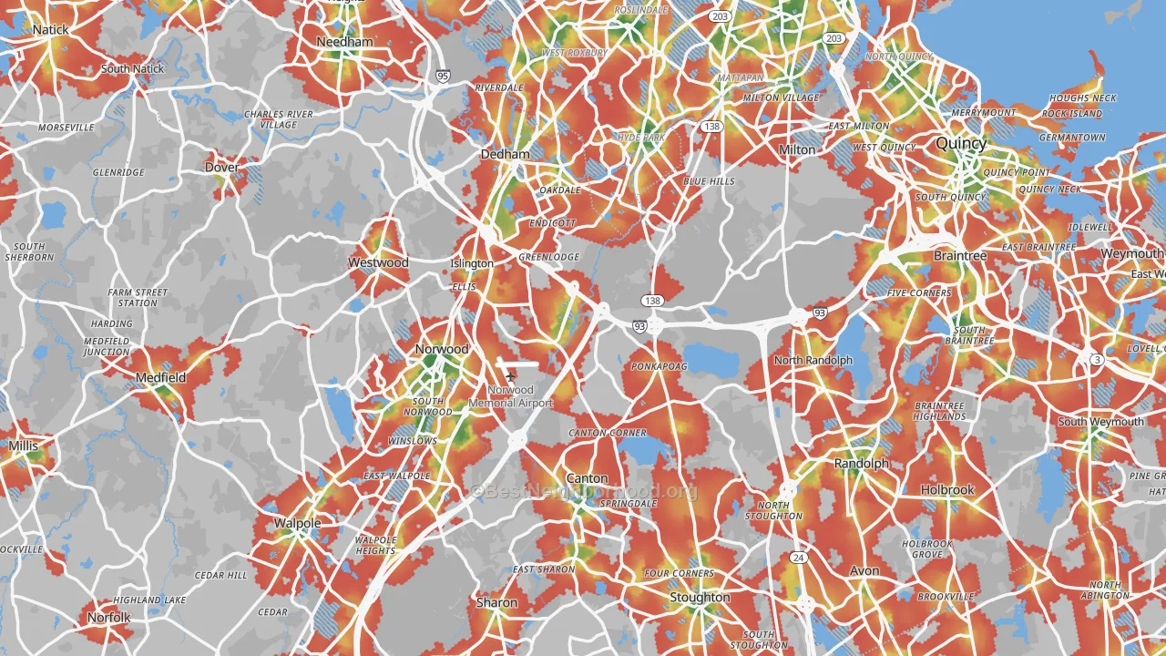 Walk Grade map of Norfolk County, MA, walkable areas in green and car-dependent areas in red