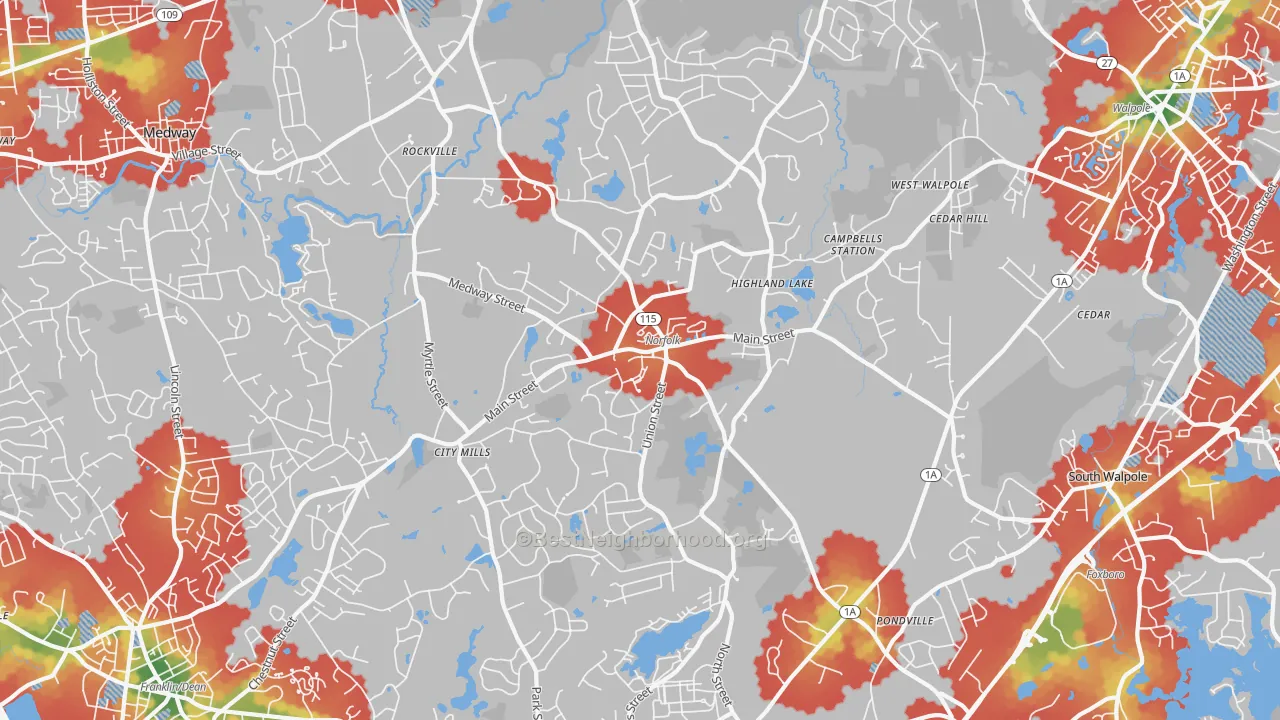 Walk Grade map of Norfolk, MA, walkable areas in green and car-dependent areas in red