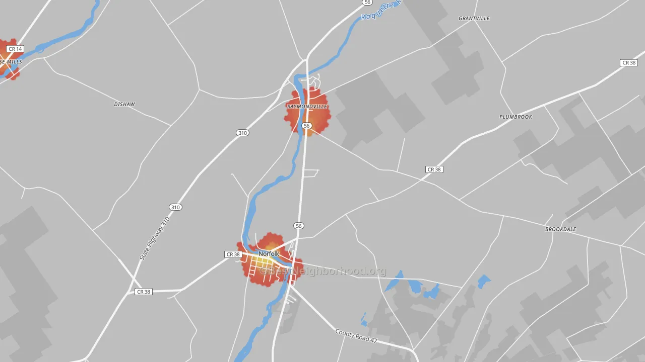 Walk Grade map of Norfolk, NY, walkable areas in green and car-dependent areas in red
