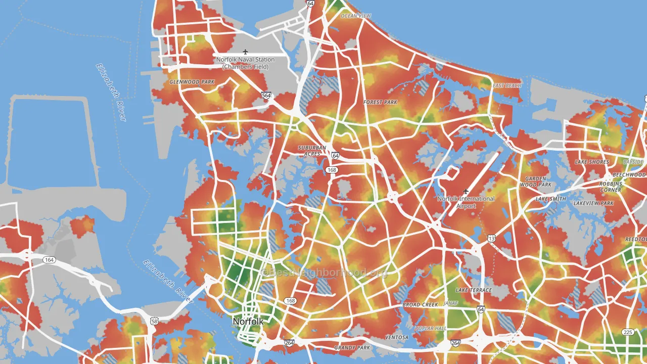 Walk Grade map of Norfolk, VA, walkable areas in green and car-dependent areas in red