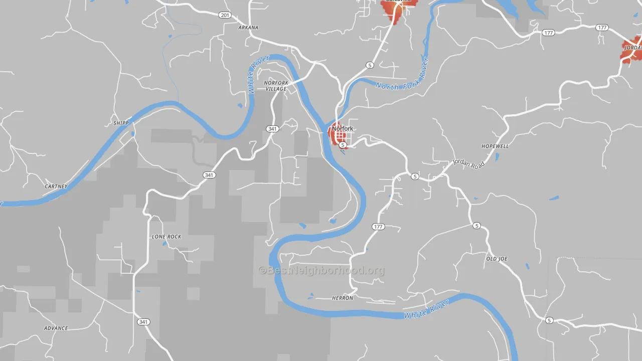 Walk Grade map of Norfork, AR, walkable areas in green and car-dependent areas in red