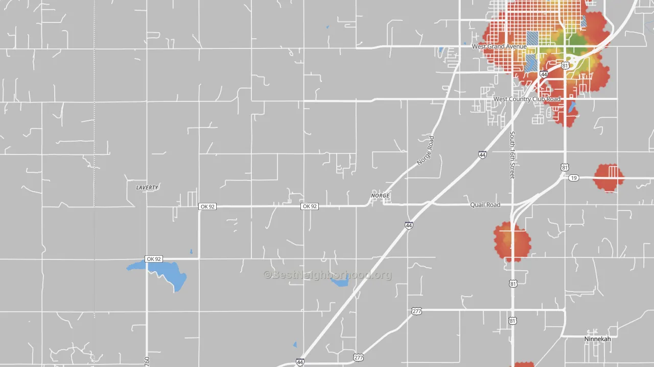Walk Grade map of Norge, OK, walkable areas in green and car-dependent areas in red