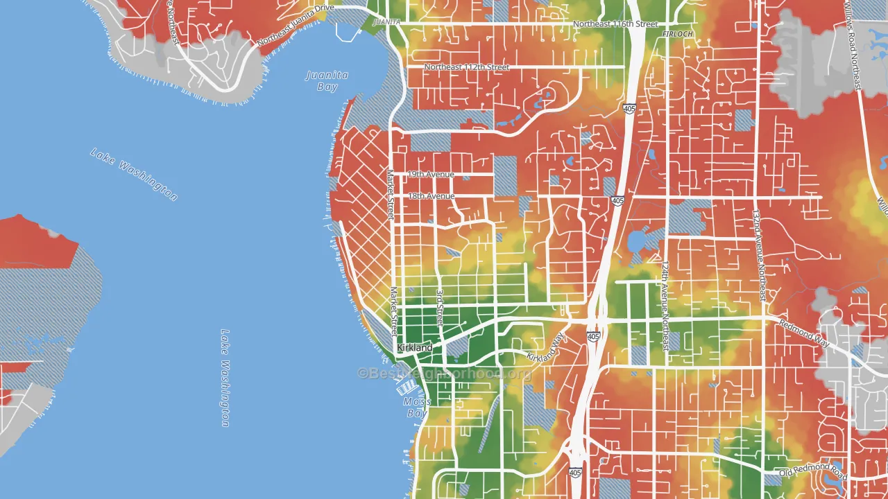 Walk Grade map of Norkirk, Kirkland, WA, walkable areas in green and car-dependent areas in red