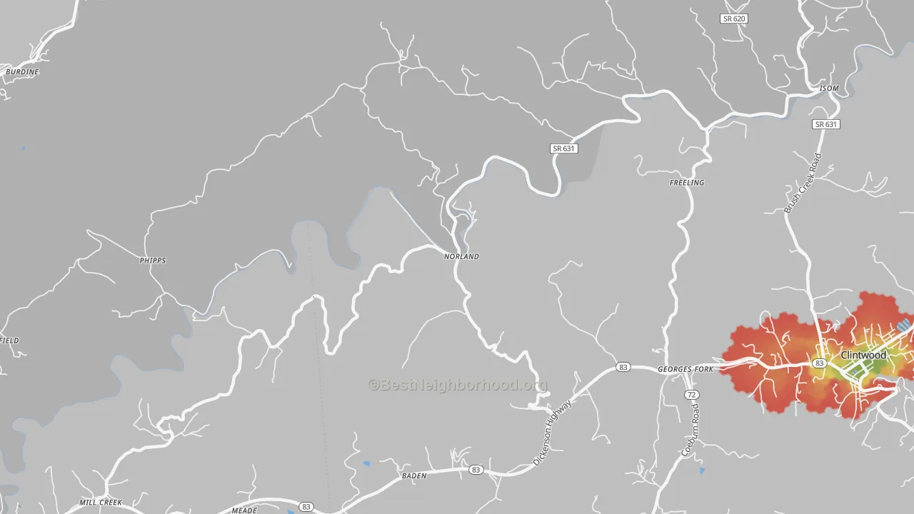 Walk Grade map of Norland, VA, walkable areas in green and car-dependent areas in red