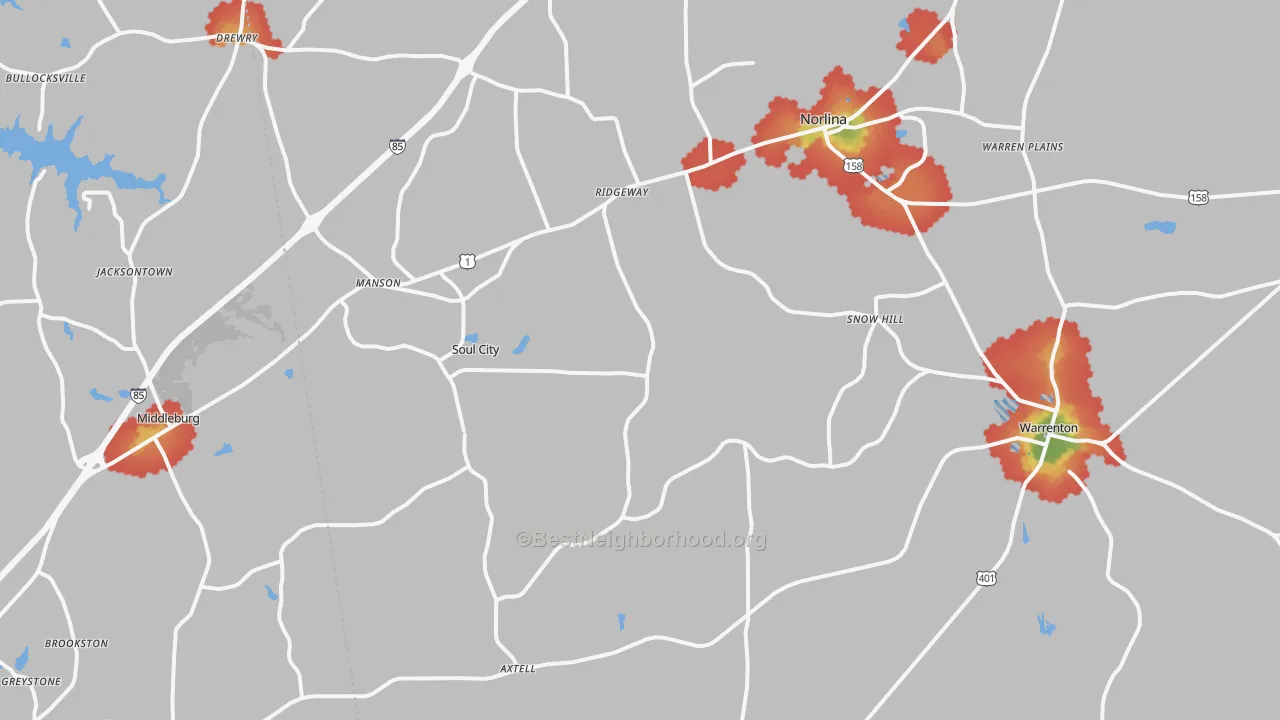 Walk Grade map of Norlina, NC, walkable areas in green and car-dependent areas in red