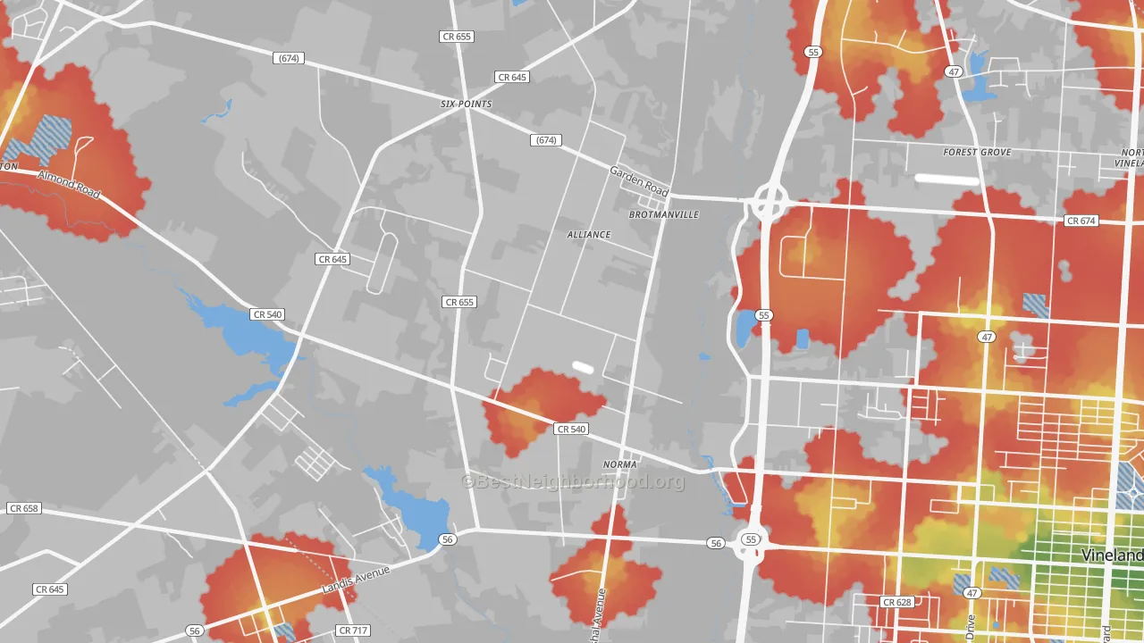 Walk Grade map of Norma, NJ, walkable areas in green and car-dependent areas in red