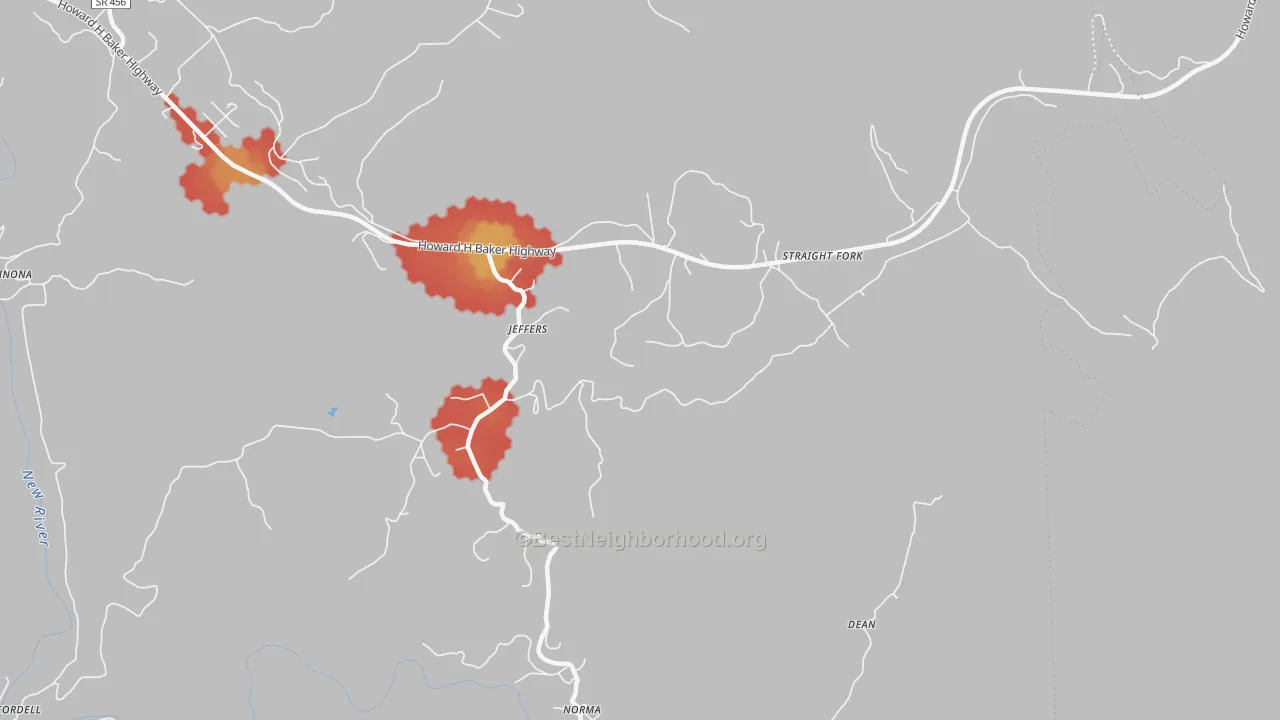 Walk Grade map of Norma, TN, walkable areas in green and car-dependent areas in red