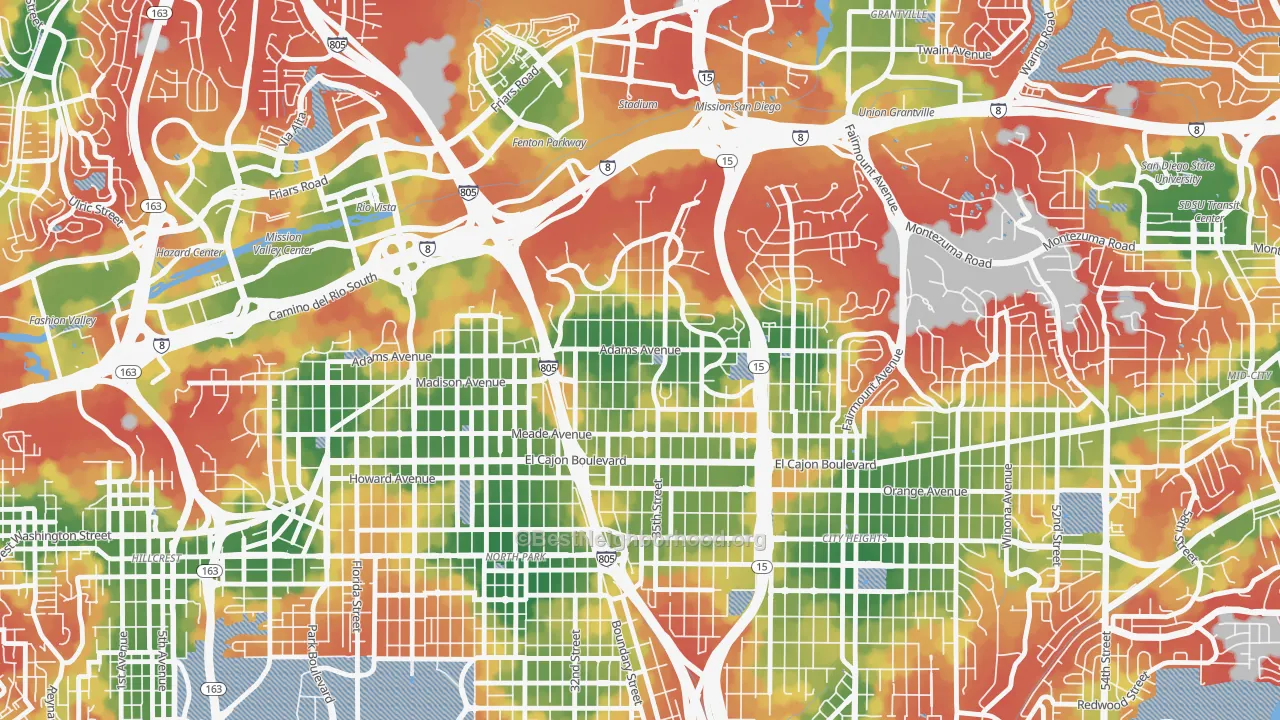Walk Grade map of Normal Heights, San Diego, CA, walkable areas in green and car-dependent areas in red