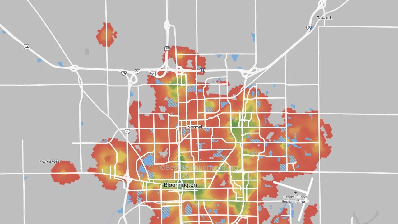 Walk Grade map of Normal, IL, walkable areas in green and car-dependent areas in red