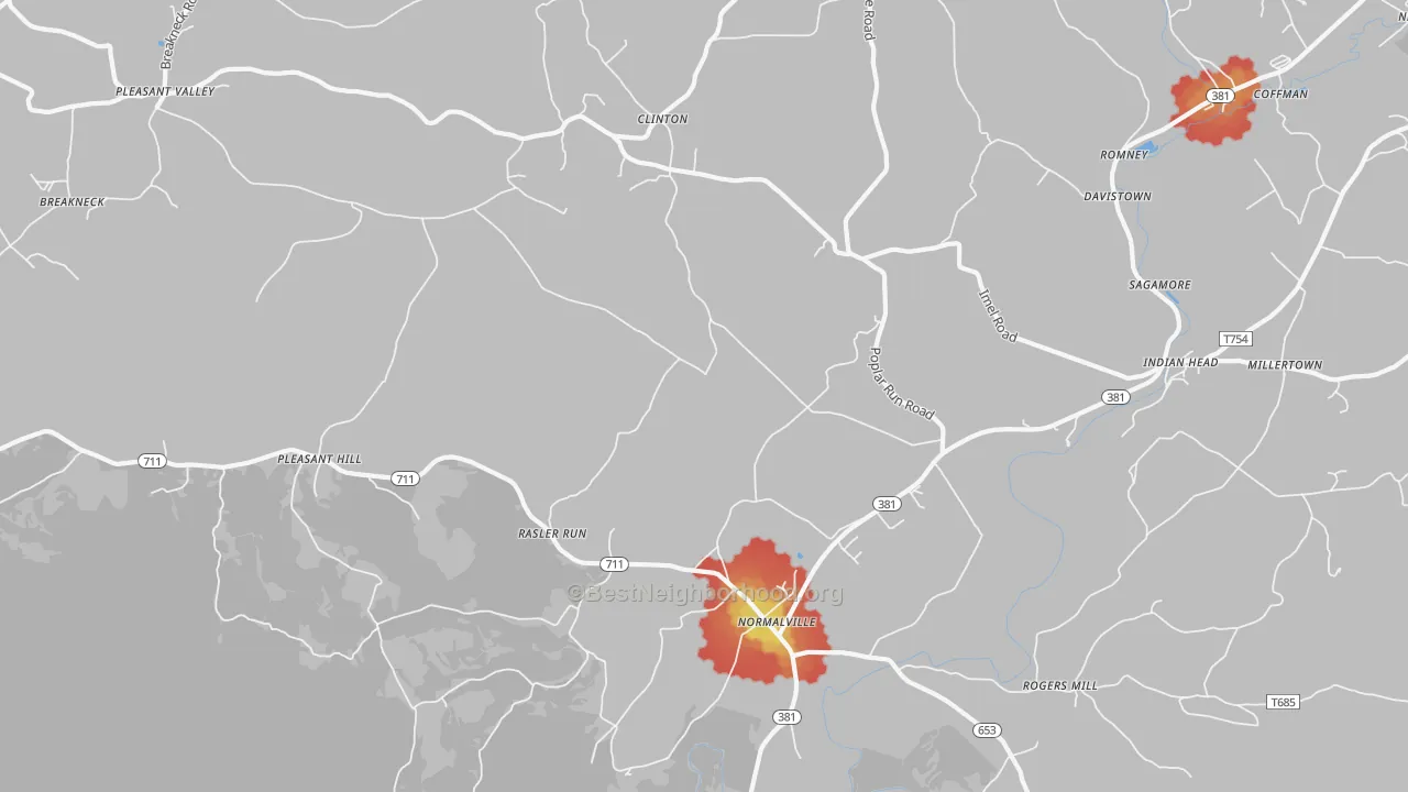 Walk Grade map of Normalville, PA, walkable areas in green and car-dependent areas in red