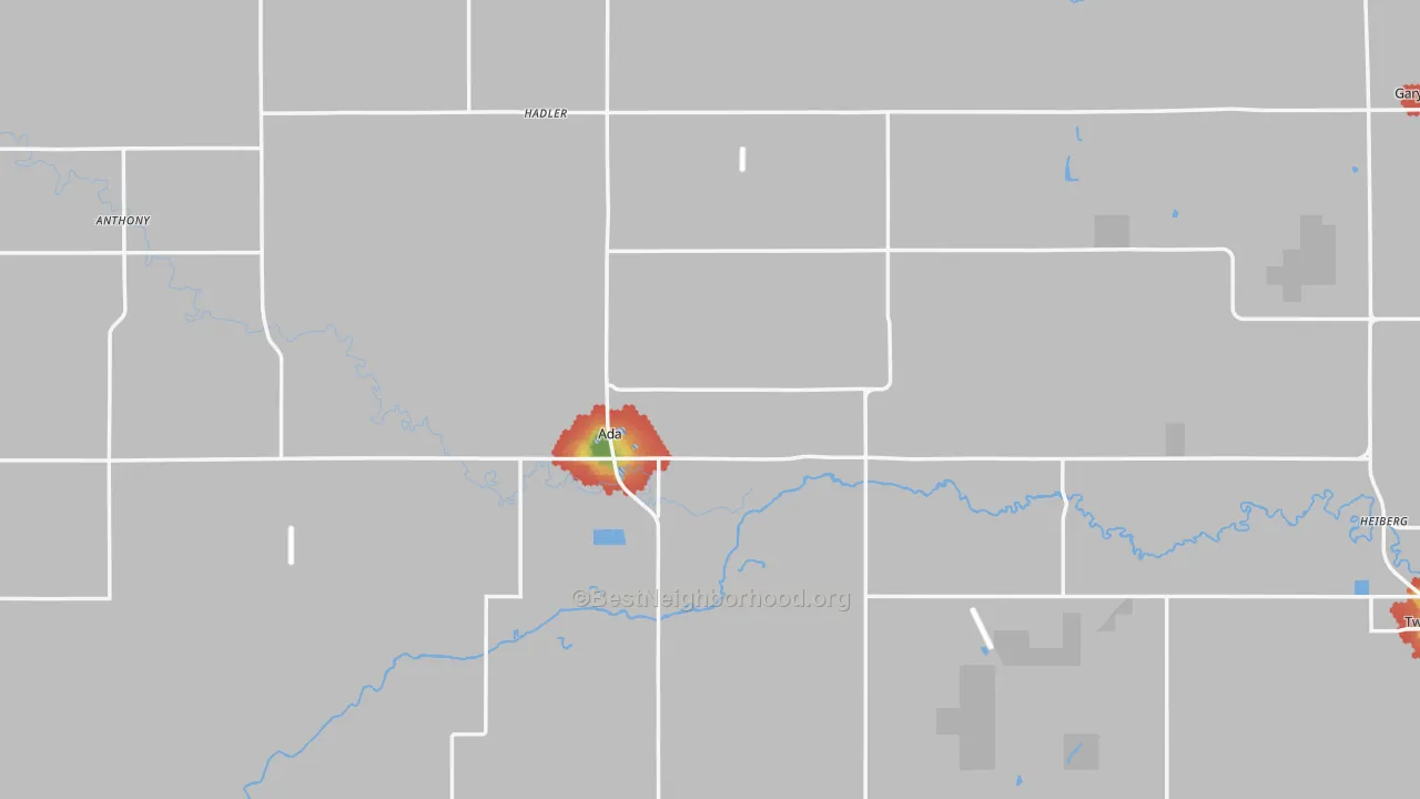 Walk Grade map of Norman County, MN, walkable areas in green and car-dependent areas in red