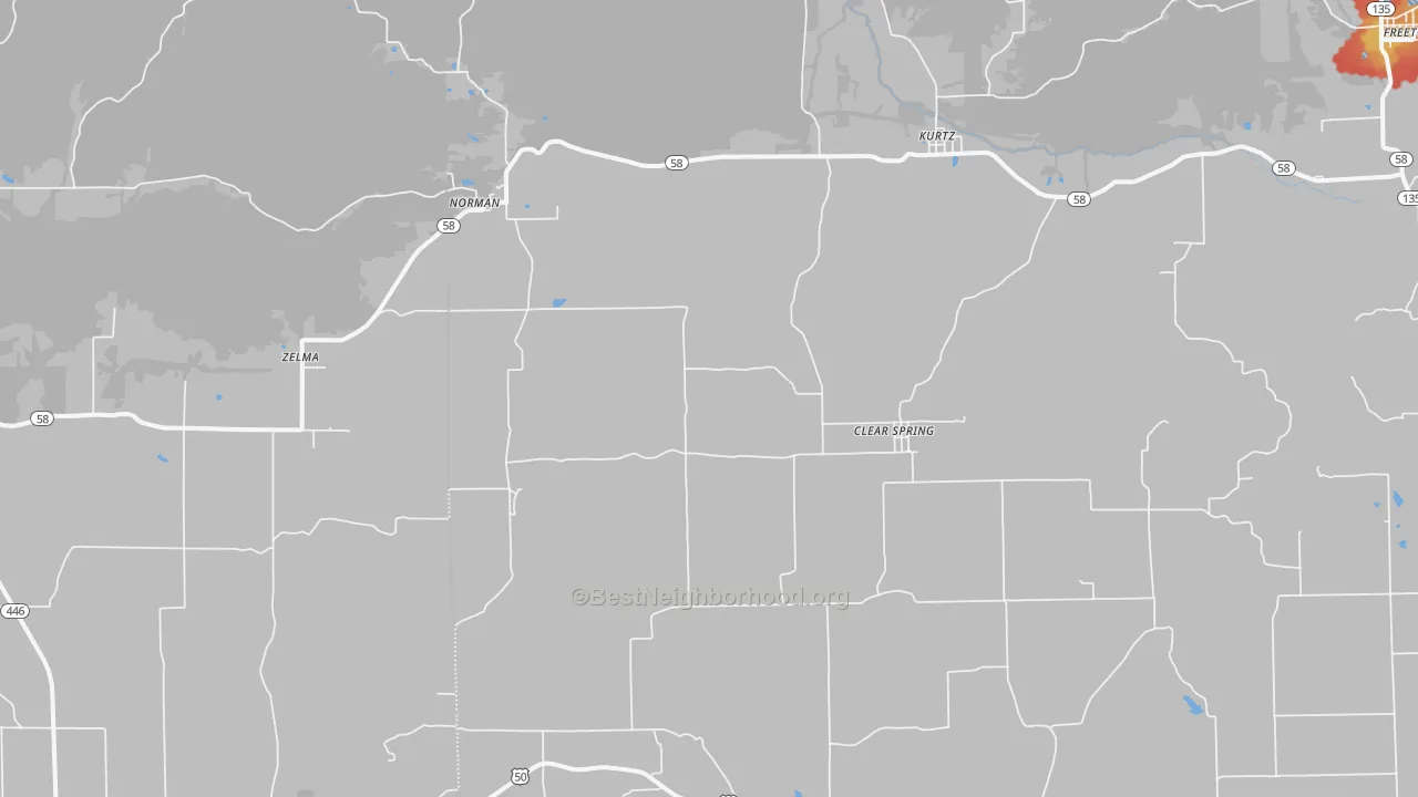 Walk Grade map of Norman, IN, walkable areas in green and car-dependent areas in red
