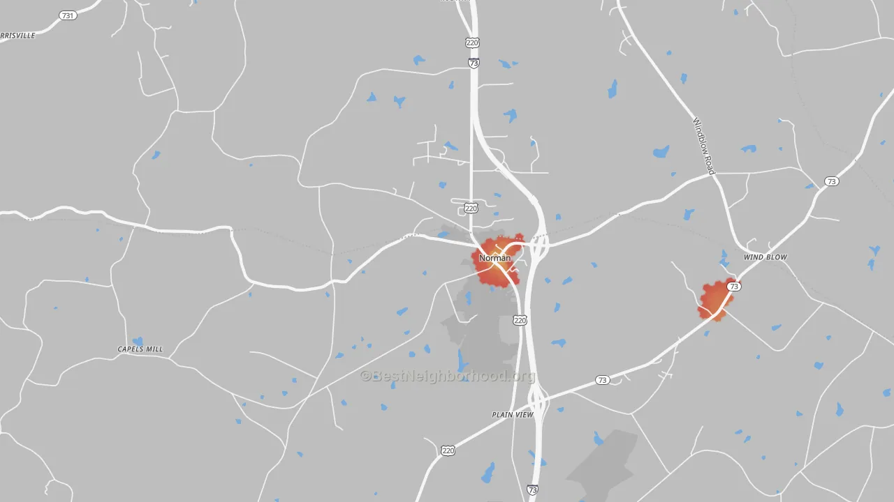 Walk Grade map of Norman, NC, walkable areas in green and car-dependent areas in red