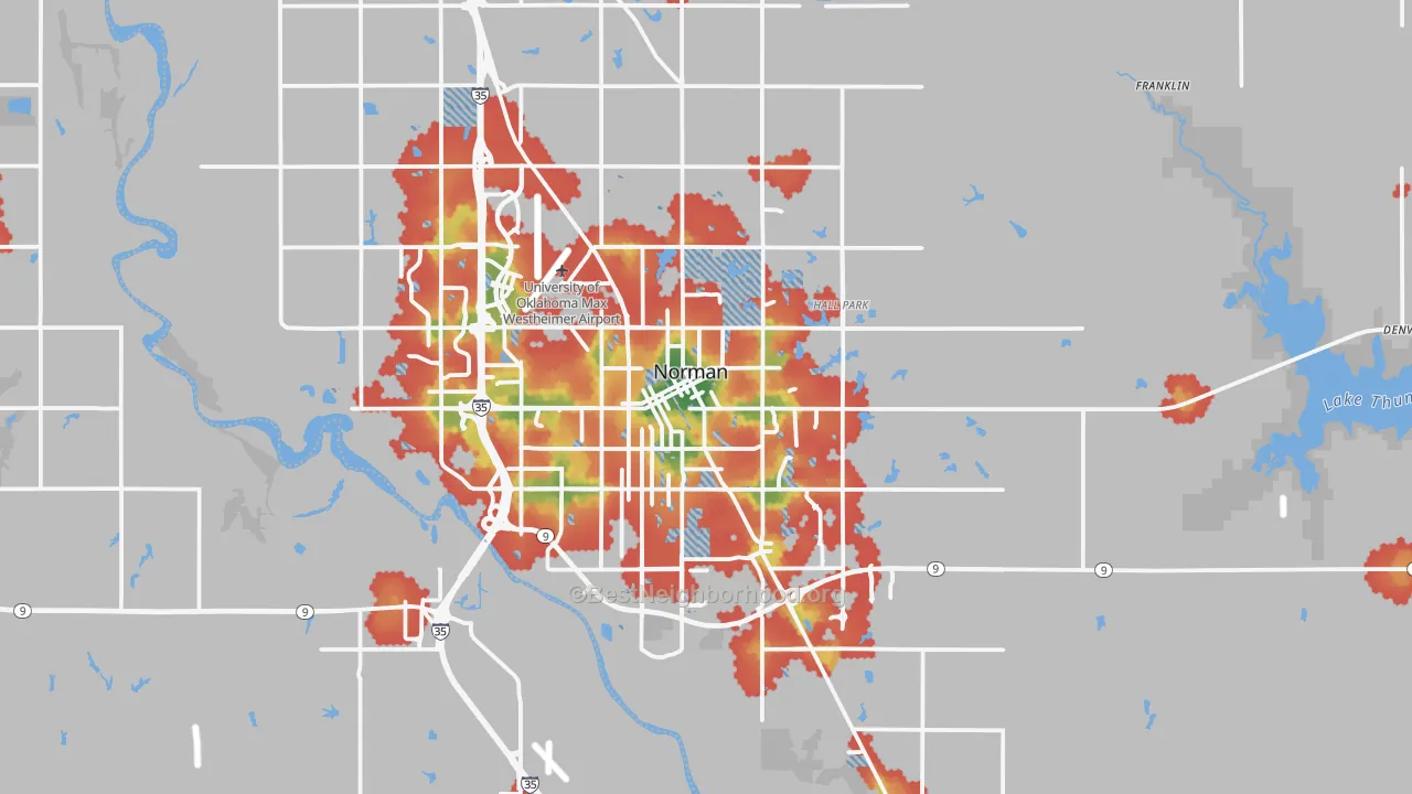 Walk Grade map of Norman, OK, walkable areas in green and car-dependent areas in red