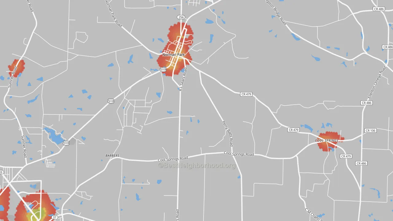 Walk Grade map of Norman Park, GA, walkable areas in green and car-dependent areas in red
