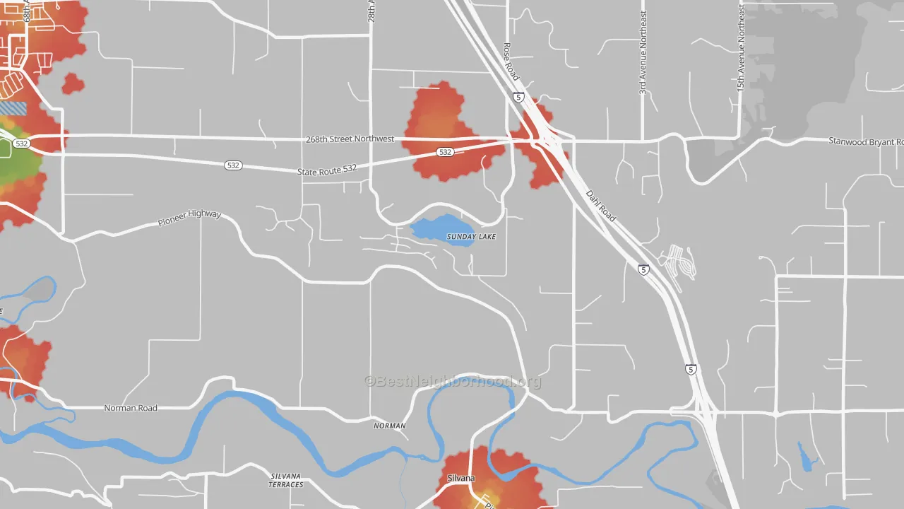 Walk Grade map of Norman, WA, walkable areas in green and car-dependent areas in red