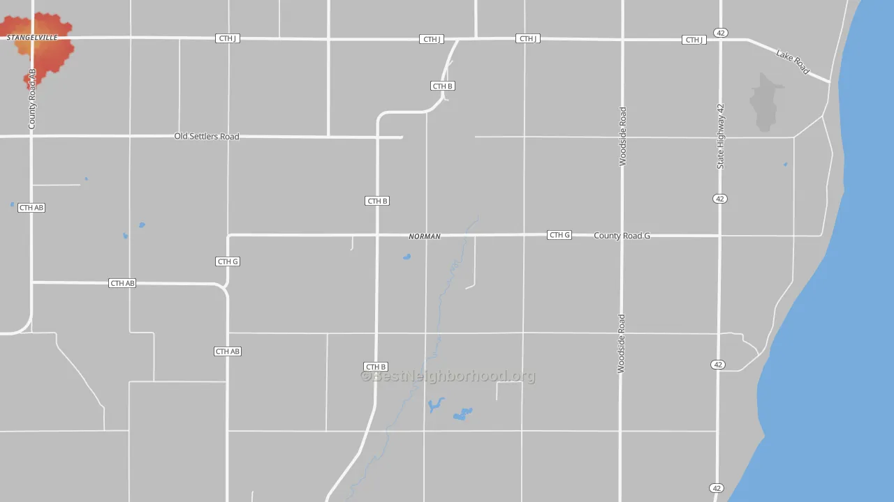Walk Grade map of Norman, WI, walkable areas in green and car-dependent areas in red