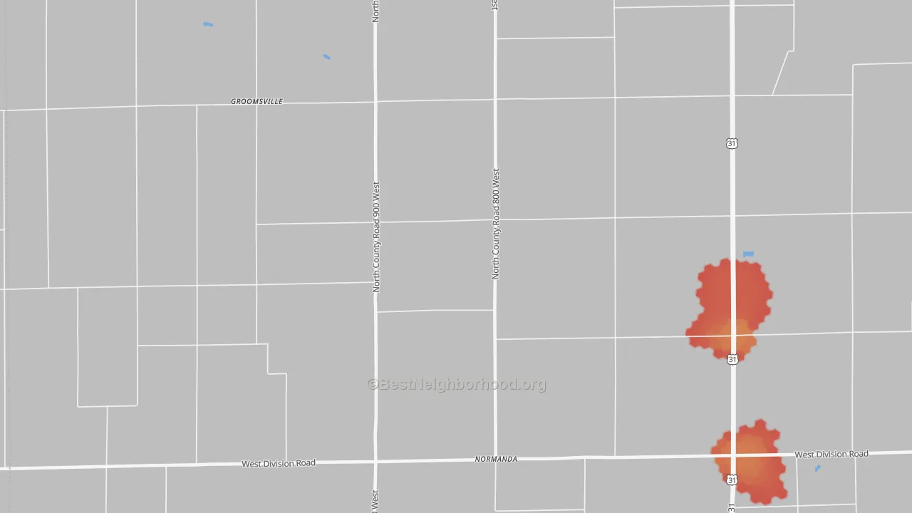Walk Grade map of Normanda, IN, walkable areas in green and car-dependent areas in red