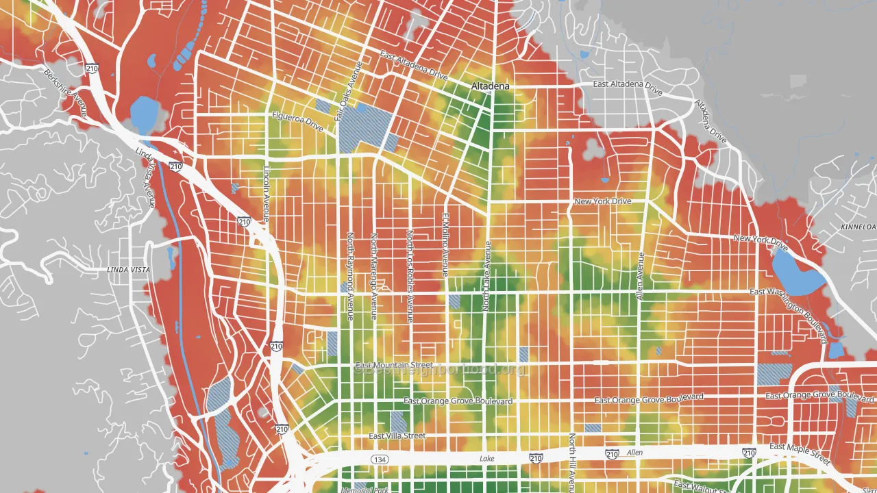 Walk Grade map of Normandie Heights, Pasadena, CA, walkable areas in green and car-dependent areas in red