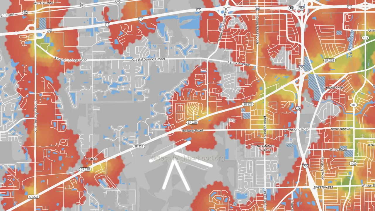 Walk Grade map of Normandy Estates, Jacksonville, FL, walkable areas in green and car-dependent areas in red