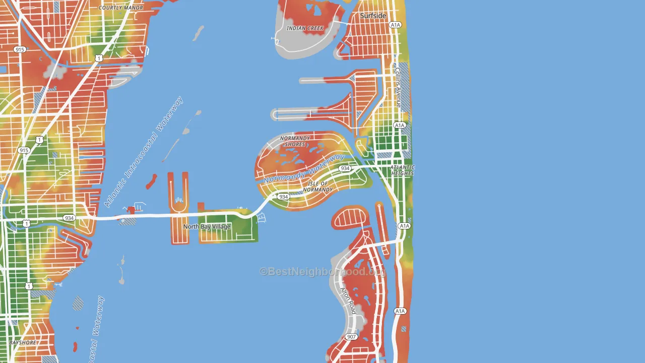 Walk Grade map of Normandy Isles, North Bay Village, FL, walkable areas in green and car-dependent areas in red