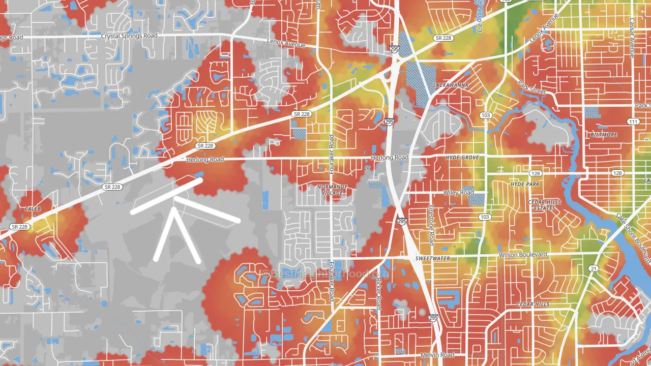 Walk Grade map of Normandy Manor, Jacksonville, FL, walkable areas in green and car-dependent areas in red