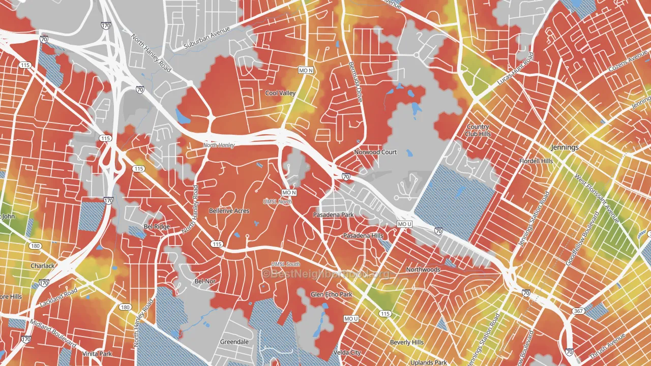 Walk Grade map of Normandy, MO, walkable areas in green and car-dependent areas in red