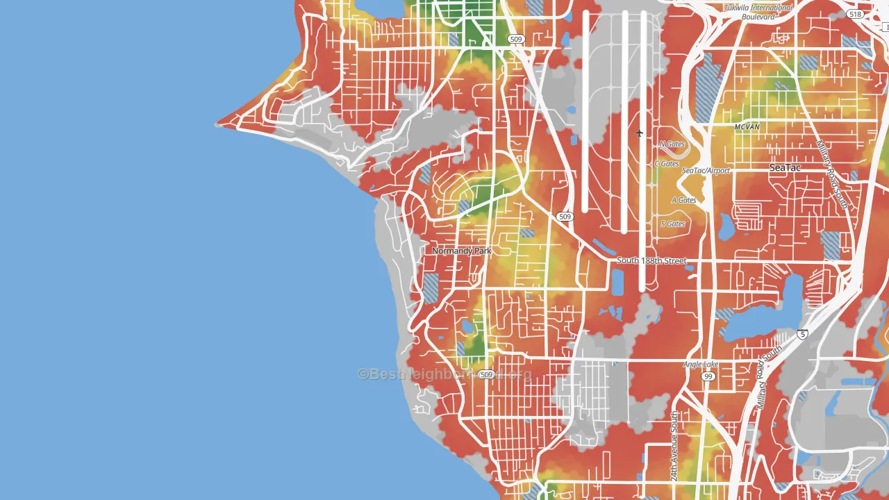 Walk Grade map of Normandy Park, WA, walkable areas in green and car-dependent areas in red