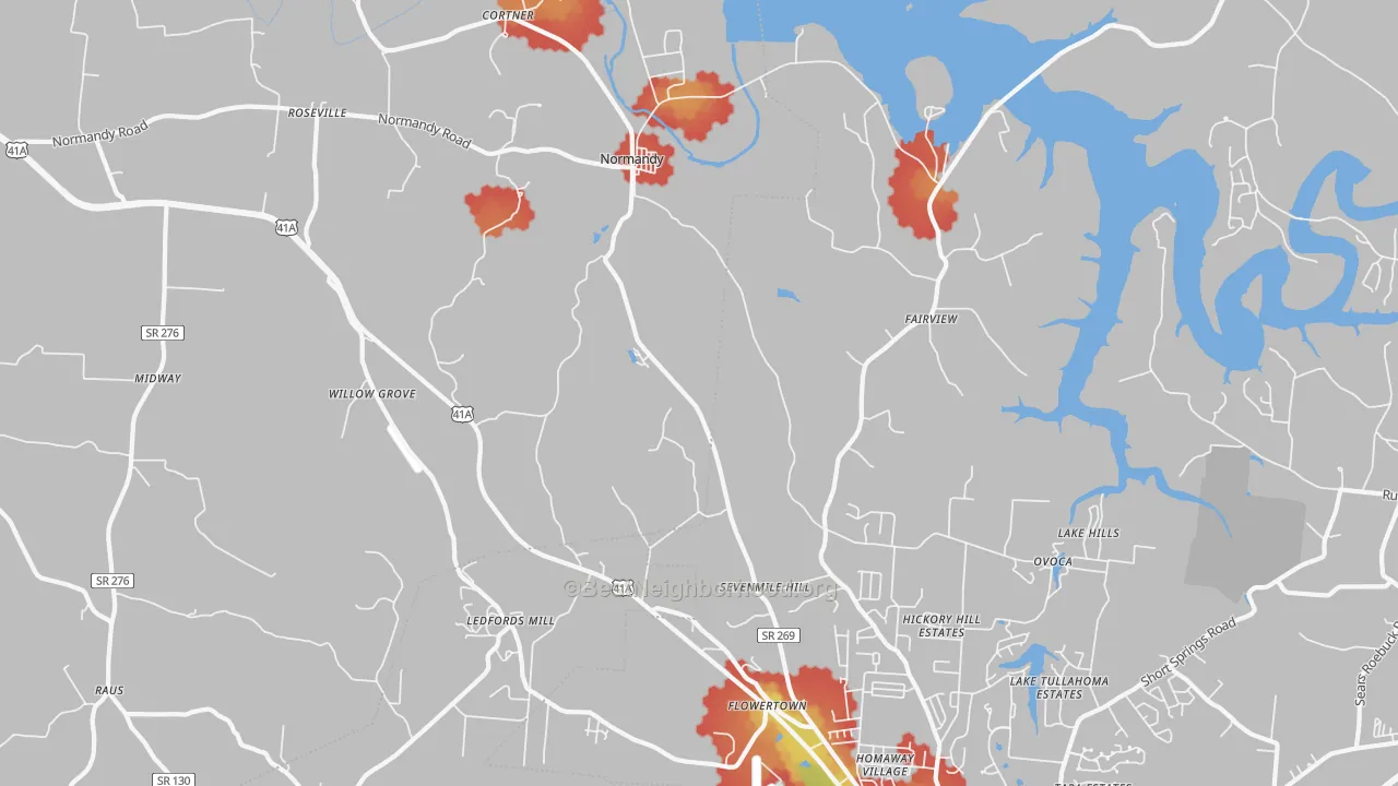 Walk Grade map of Normandy, TN, walkable areas in green and car-dependent areas in red