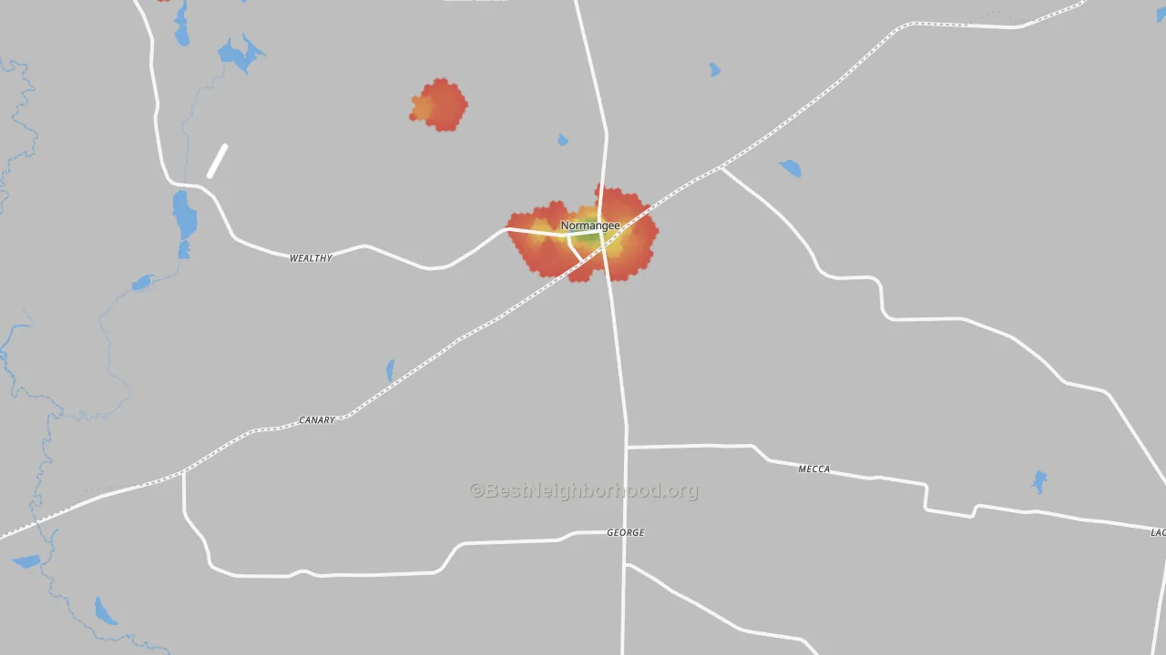 Walk Grade map of Normangee, TX, walkable areas in green and car-dependent areas in red