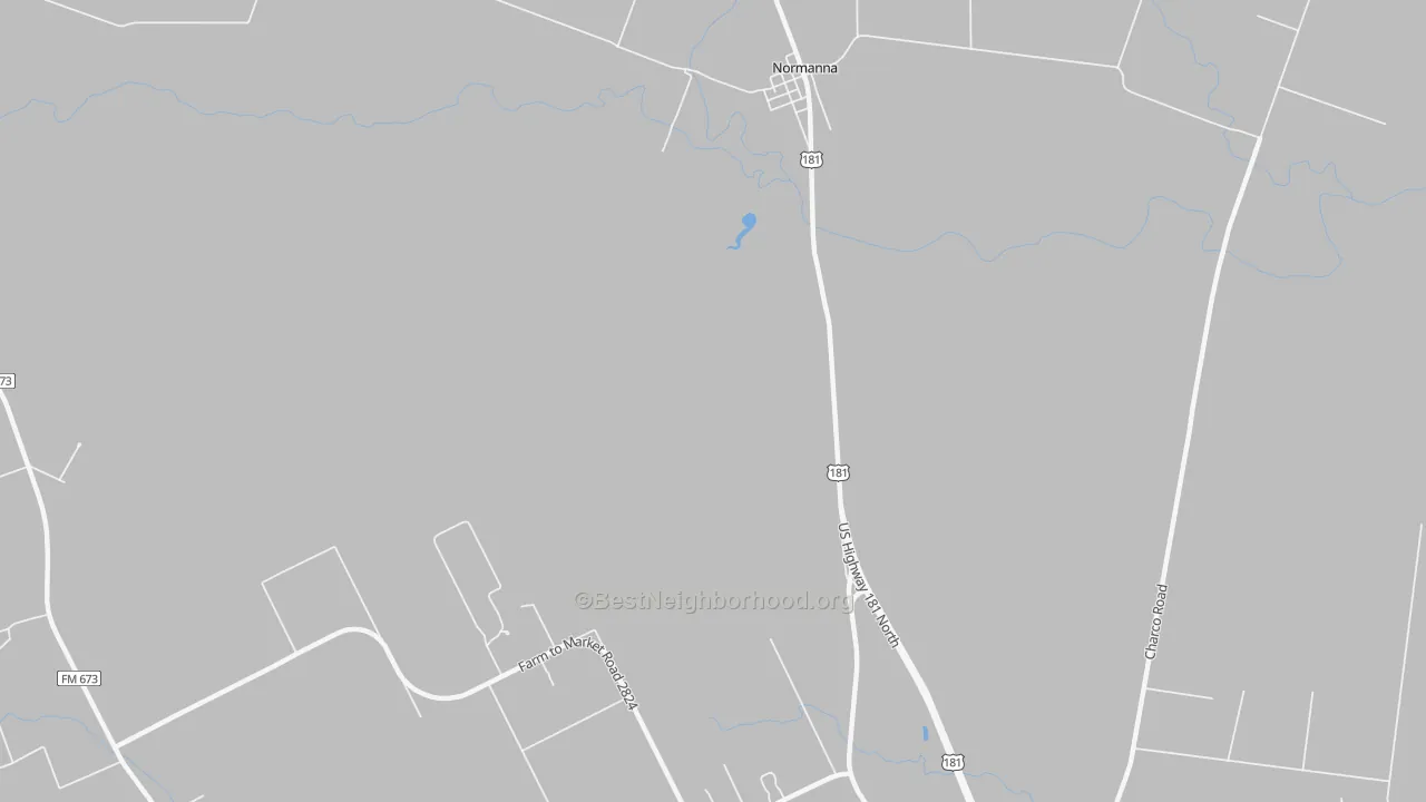 Walk Grade map of Normanna, TX, walkable areas in green and car-dependent areas in red