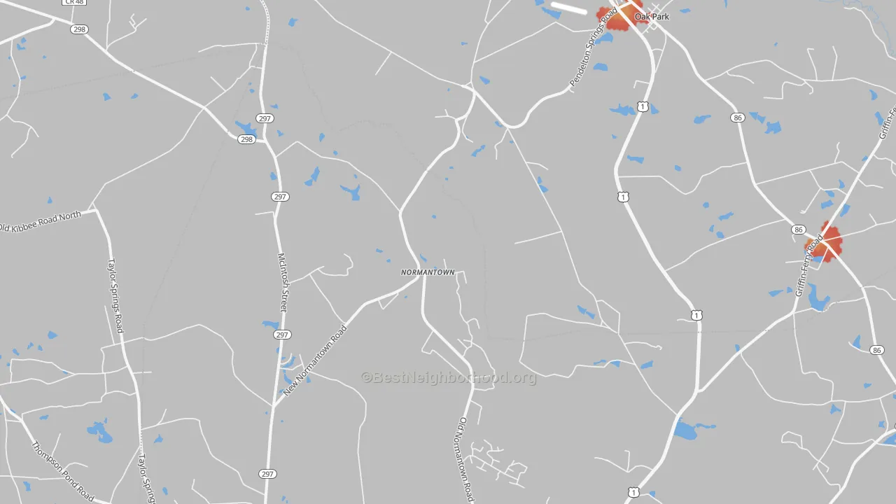 Walk Grade map of Normantown, GA, walkable areas in green and car-dependent areas in red