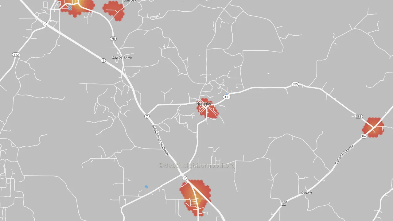 Walk Grade map of Norphlet, AR, walkable areas in green and car-dependent areas in red
