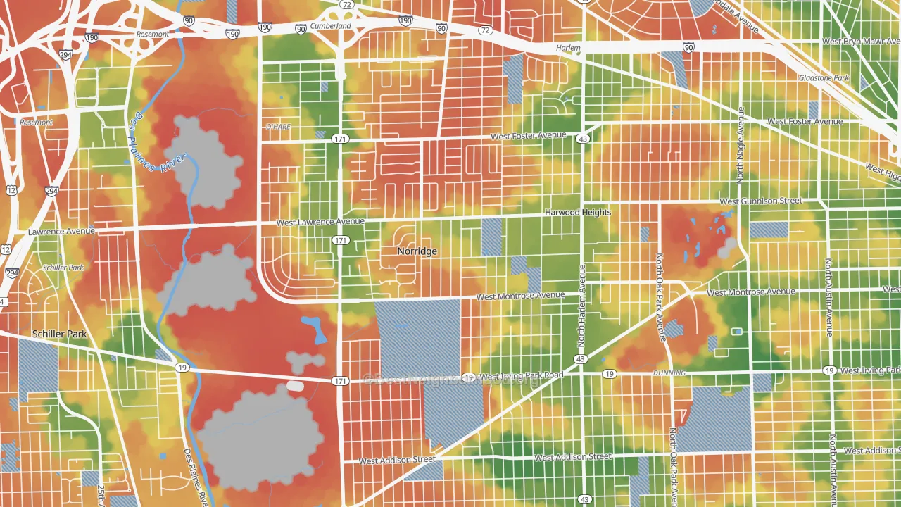 Walk Grade map of Norridge, IL, walkable areas in green and car-dependent areas in red