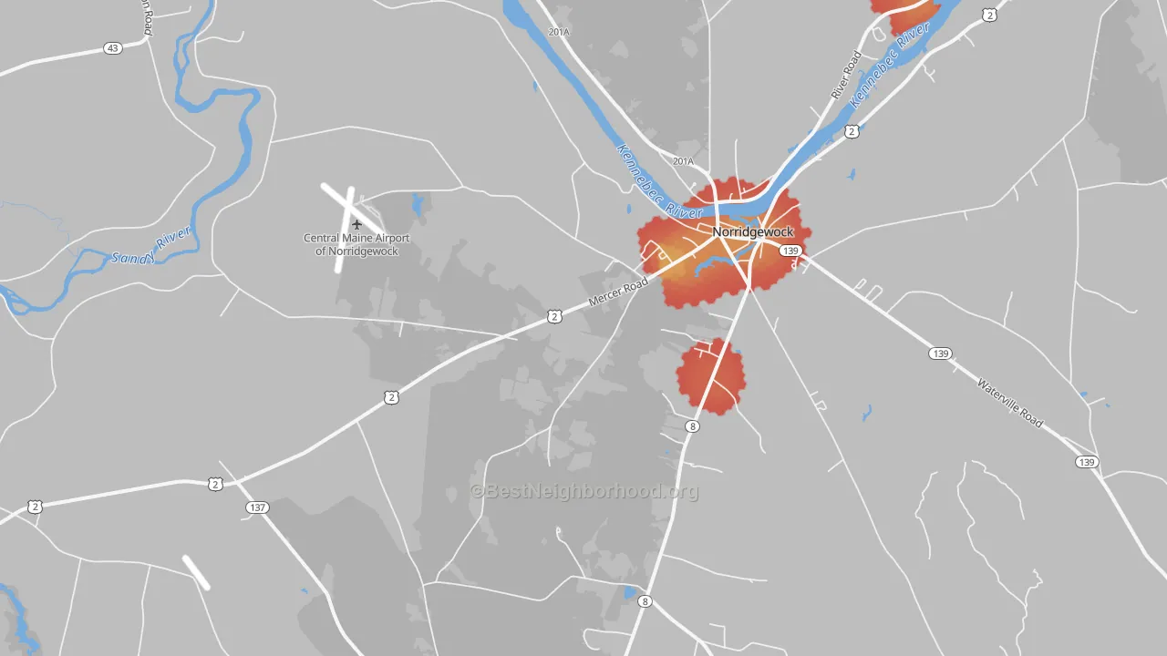 Walk Grade map of Norridgewock, ME, walkable areas in green and car-dependent areas in red