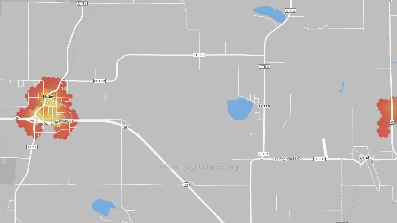 Walk Grade map of Norrie, WI, walkable areas in green and car-dependent areas in red