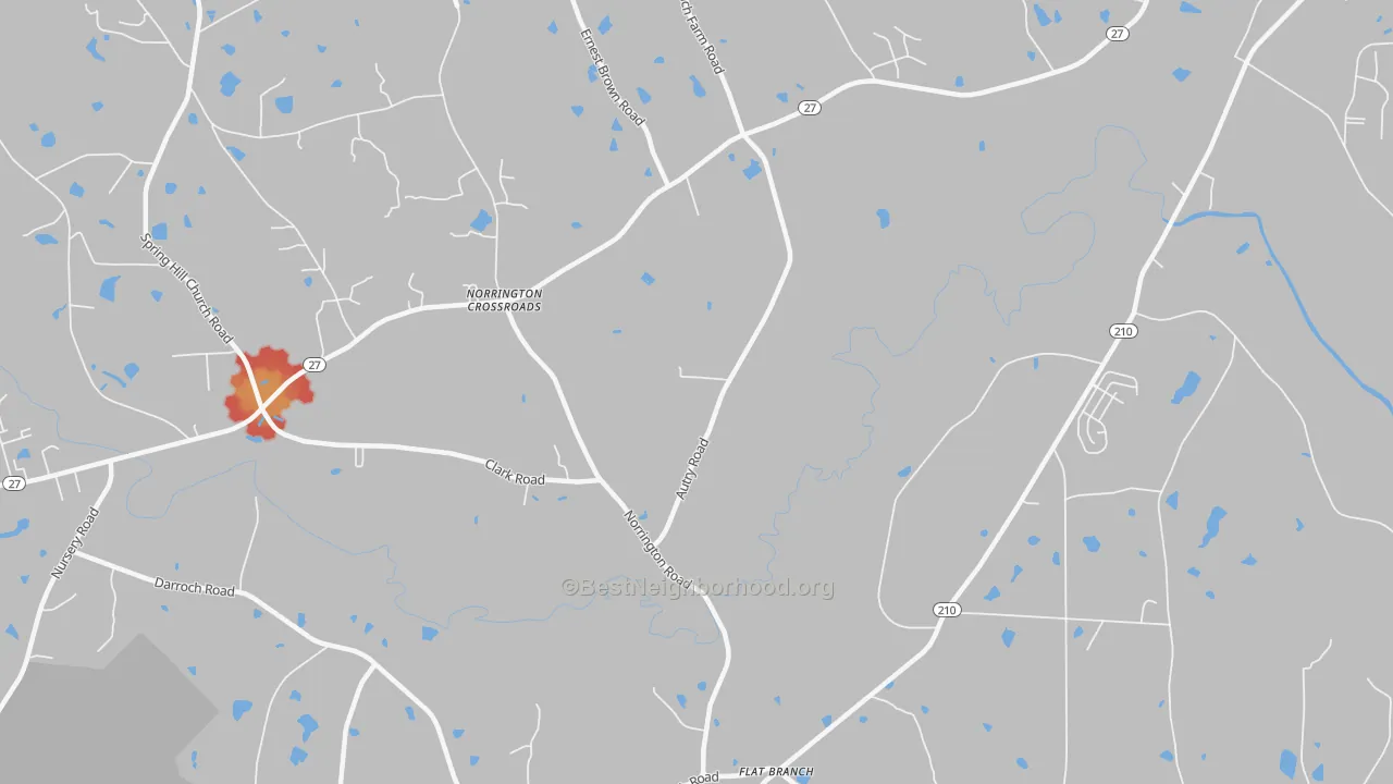 Walk Grade map of Norrington Crossroads, NC, walkable areas in green and car-dependent areas in red