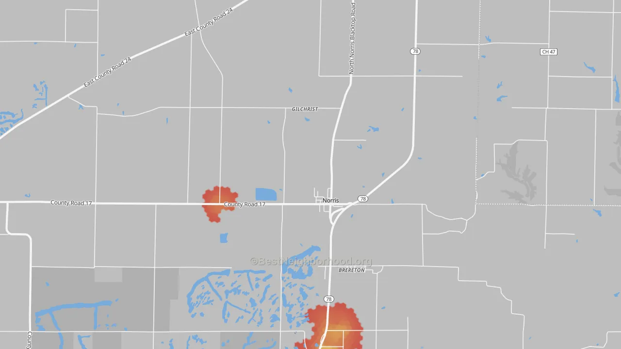 Walk Grade map of Norris, IL, walkable areas in green and car-dependent areas in red